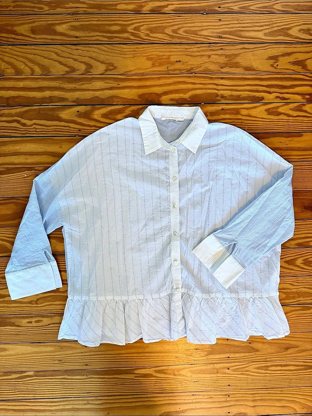 Liviana Conti Striped Ruffle Hem Blouse White & Blue Size 44